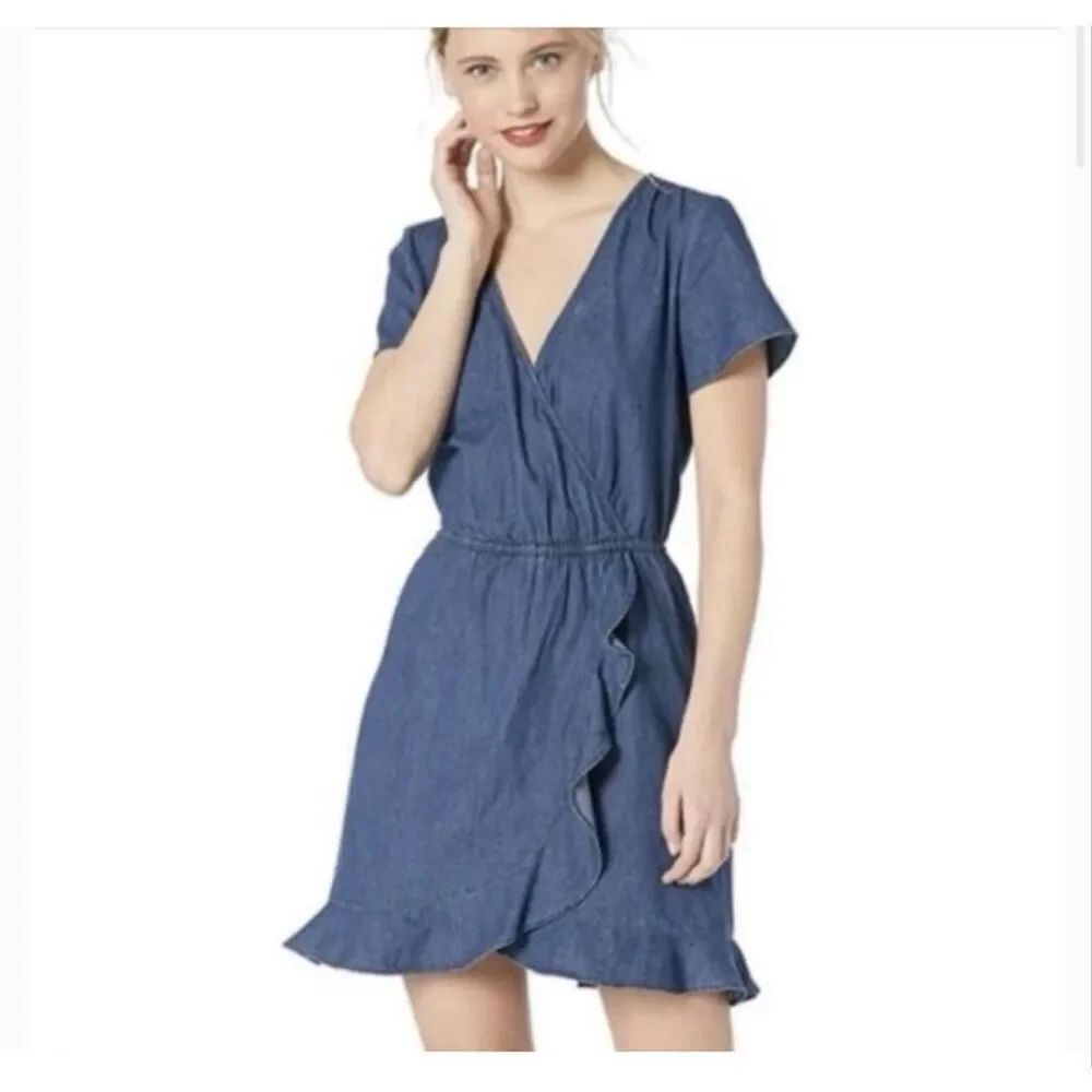 J. crew Merchantile Denim Chambray Faux Wrap Ruffle Hem Dress Size XS